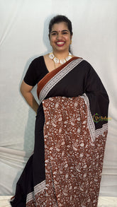 Vriksham Black With Half  Brown Floral Printed Cotton Mulmul Saree-VS4619